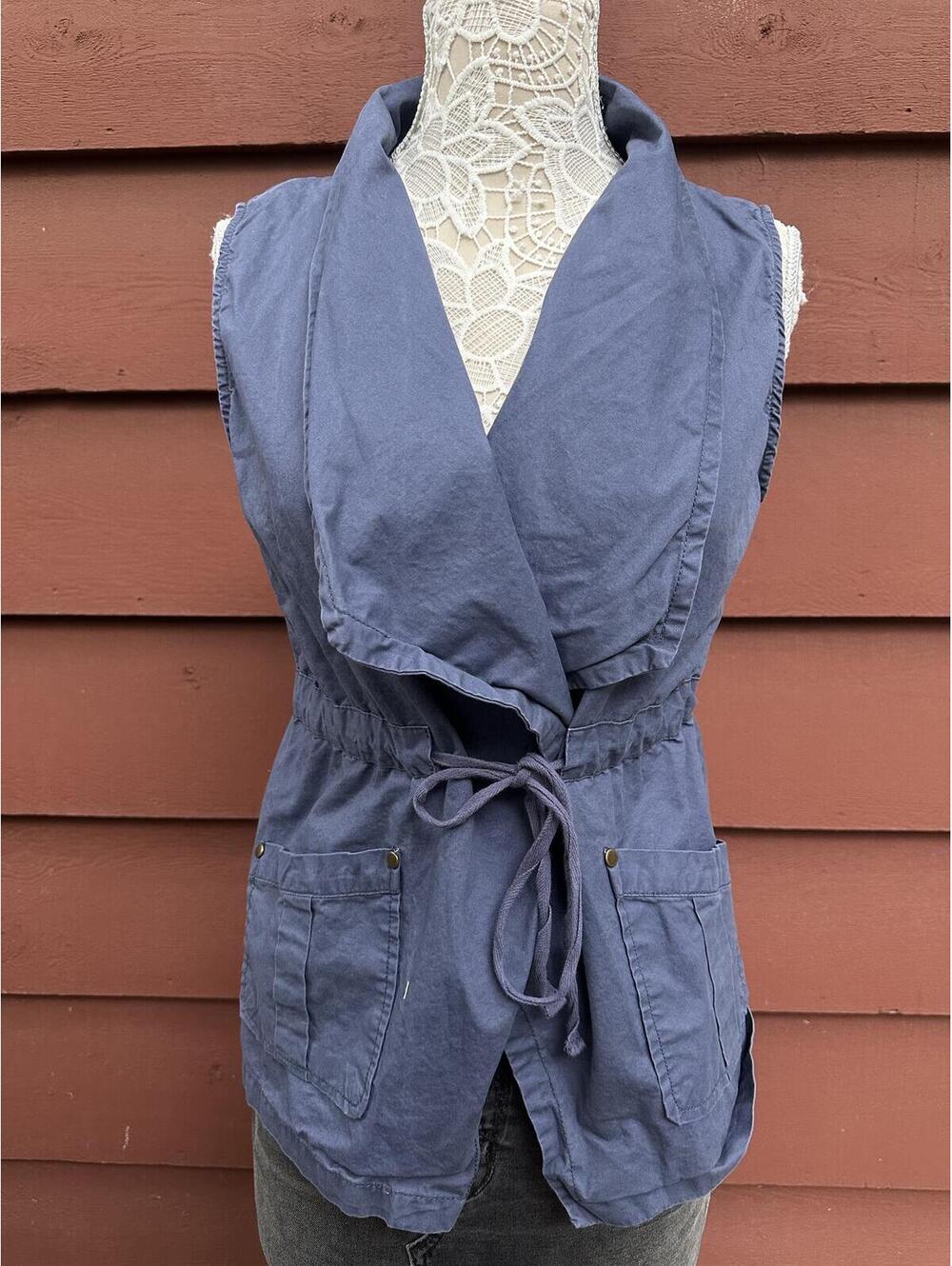 Me Jane Vintage Blue Utility Vest Casual Streetwear Cotton Drawstring